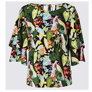 Per Una Bold Tropical Flower & Bird Print with Ruffled Sleeve Top - UK 8 / US 4
